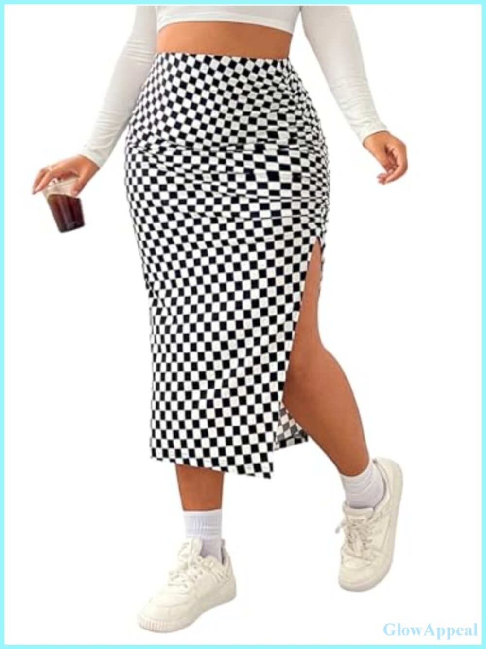 Plus Size Plaid Ruched Split Bodycon Midi Pencil Skirt Wear to Work